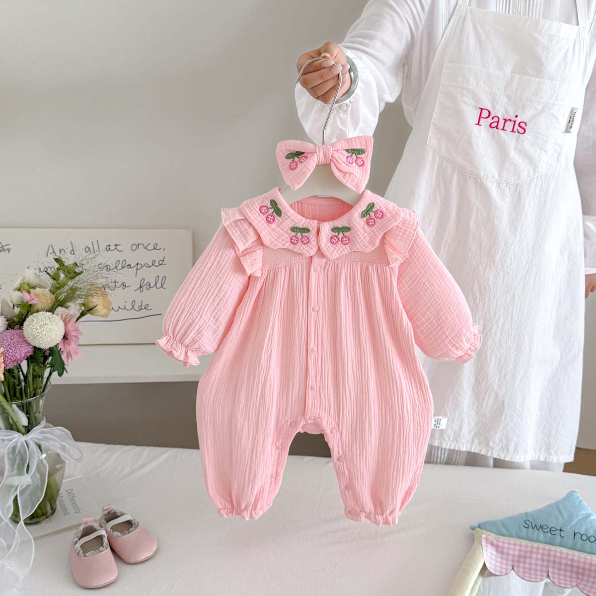 Baby Nursery Embroidery - 신생아 여아 봄 가을 거즈 롬퍼