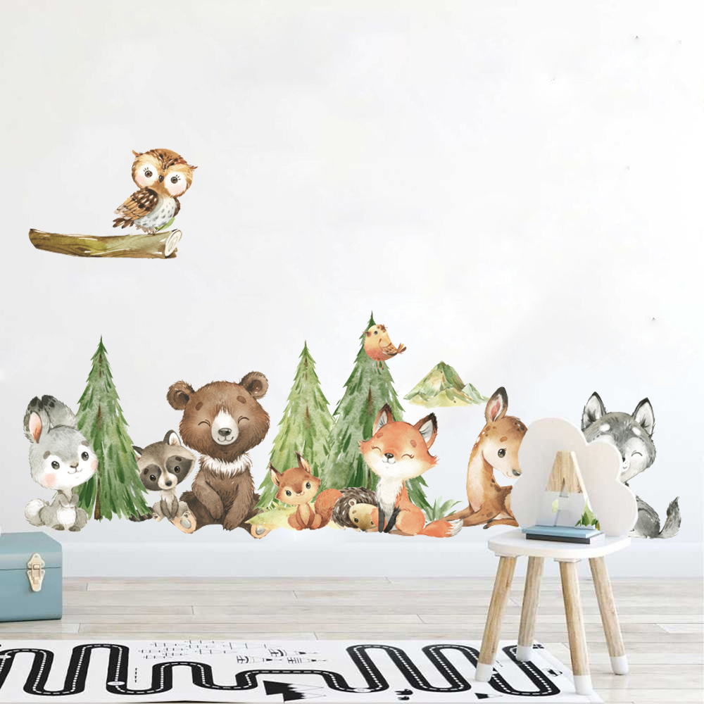Baby Nursery Furniture - 만화 수채화 숲 동물 벽 스티커,
