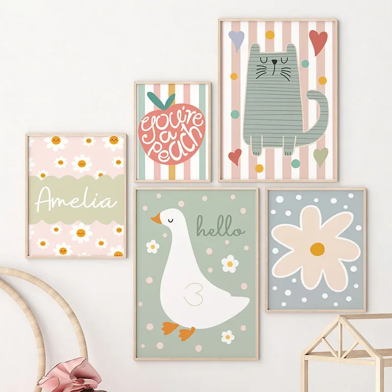 Baby Nursery Name Wall Art - 만화 고양이 오리 새 사과 맞춤