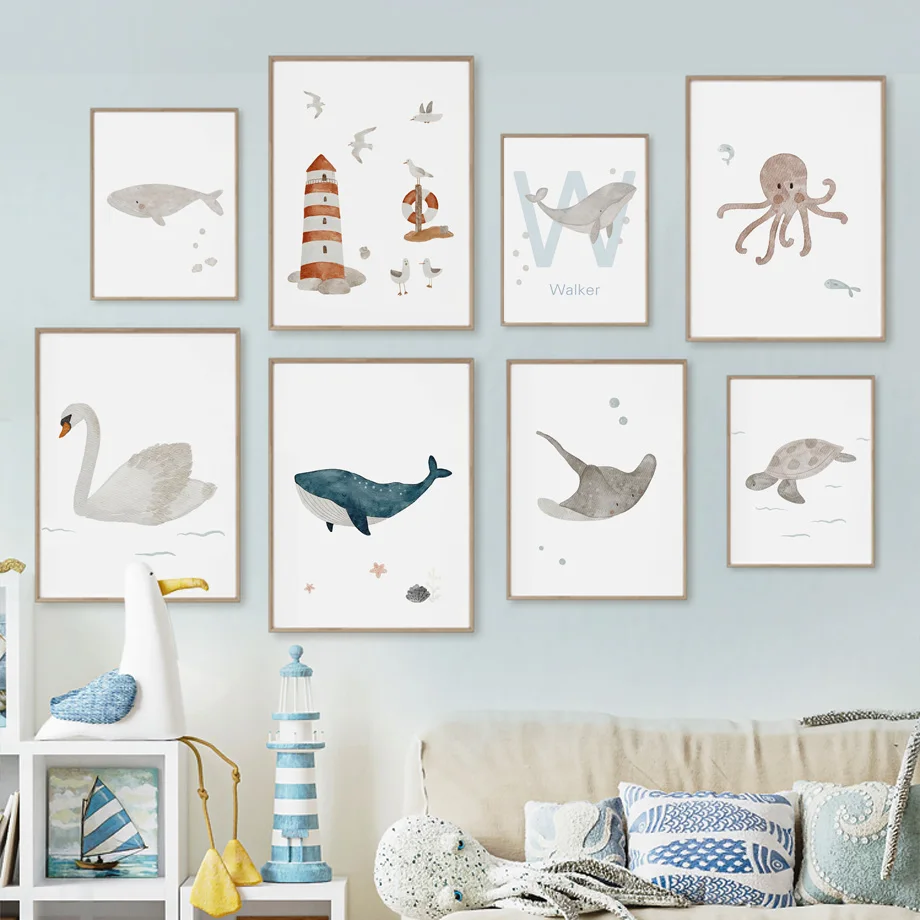 Baby Nursery Name Wall Art - 사용자 정의 이름 고래 문어 거북이