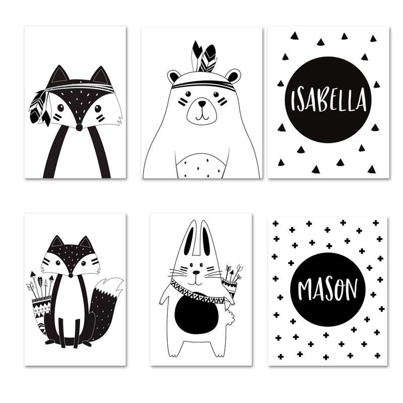 흑백 만화 곰 토끼 아기 보육 벽 예술 캔버스 포스터  - Baby Nursery Name Wall Art 리뷰 및 가격