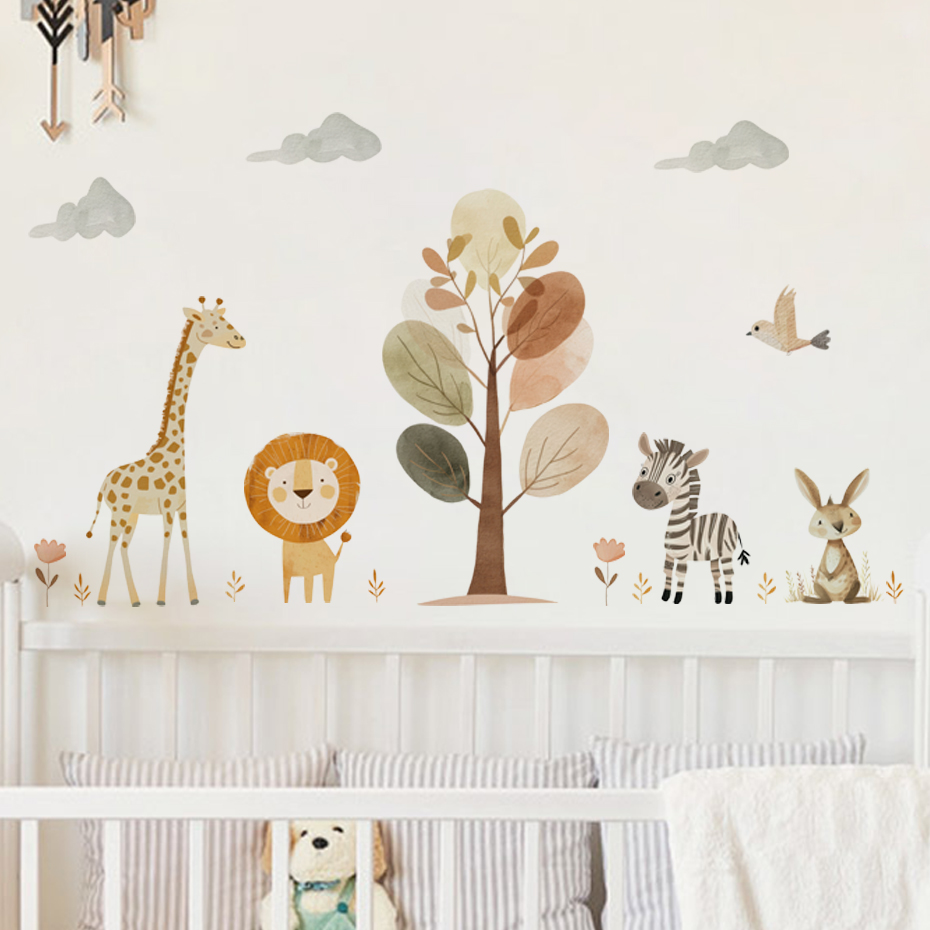만화 귀여운 사자 기린 얼룩말 나무 동물 벽 스티커,  - Baby Nursery Giraffe 리뷰 및 가격