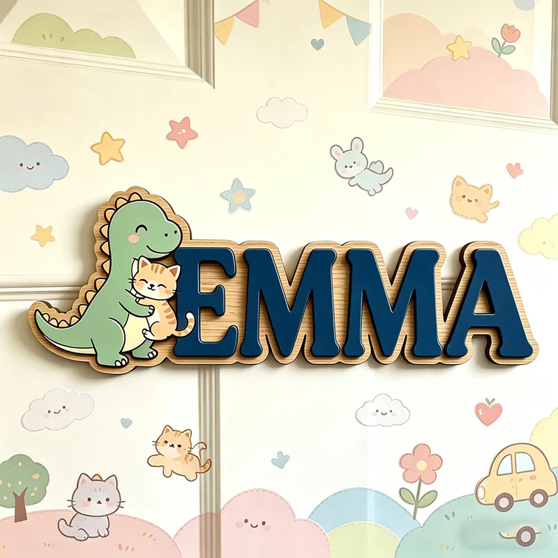 귀여운 공룡이 고양이를 안고 있는 맞춤 이름 명판, 3 - Baby Nursery Name Wall Art 리뷰 및 가격