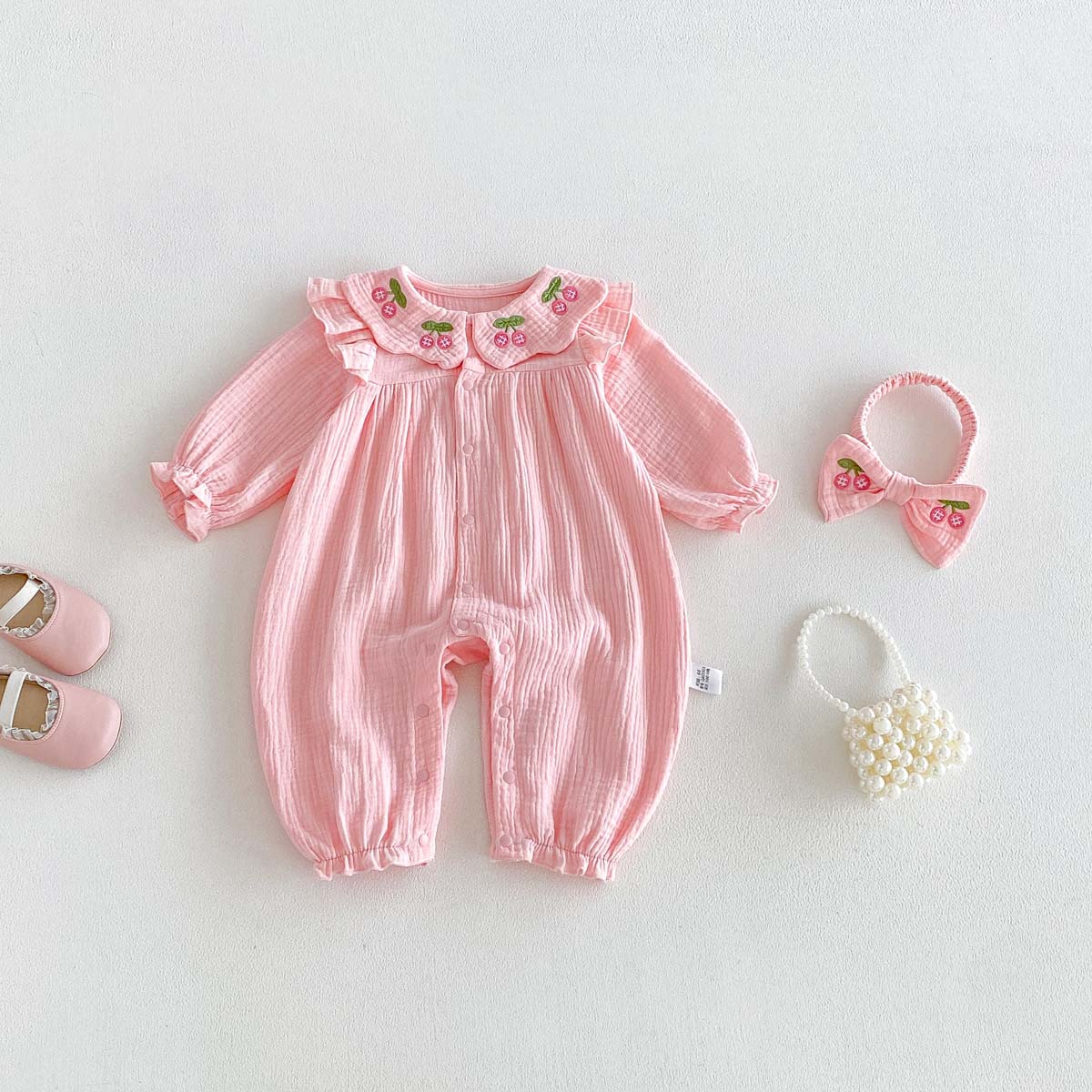 신생아 여아 봄 가을 거즈 롬퍼 매칭 보우 러플 칼라  - Baby Nursery Embroidery 리뷰 및 가격