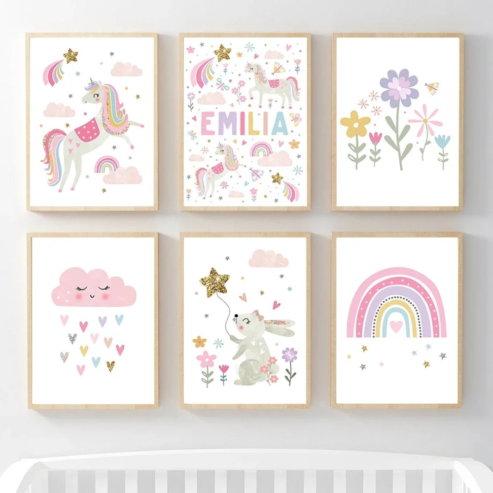 핑크 유니콘 토끼 무지개 구름 꽃 보육원 벽 예술 캔버 - Baby Nursery Name Wall Art 리뷰 및 가격