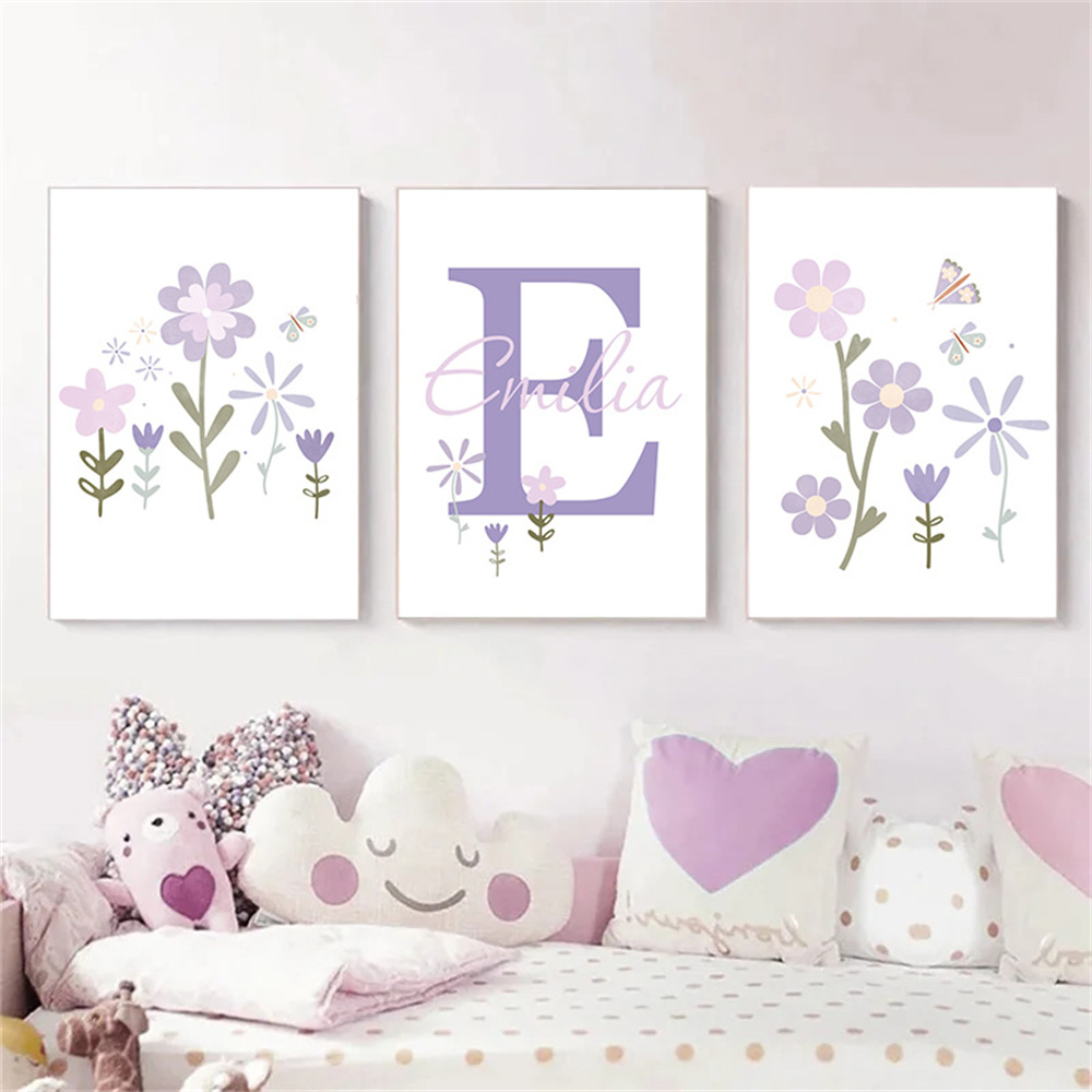 아기 소녀 이름 맞춤 포스터 보라색 꽃 캔버스 아트 페 - Baby Nursery Name Wall Art 리뷰 및 가격