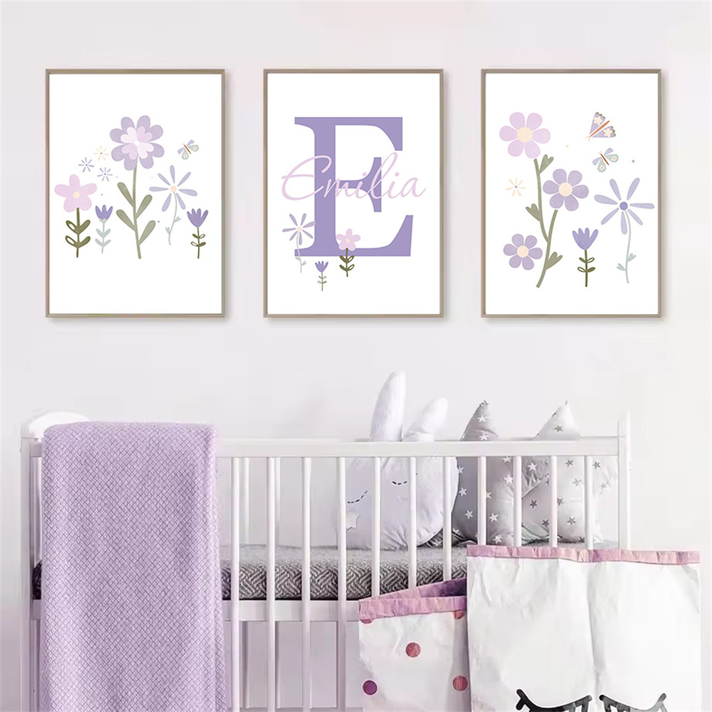 아기 소녀 이름 맞춤 포스터 보라색 꽃 캔버스 아트 페 - Baby Nursery Name Wall Art 리뷰 및 가격