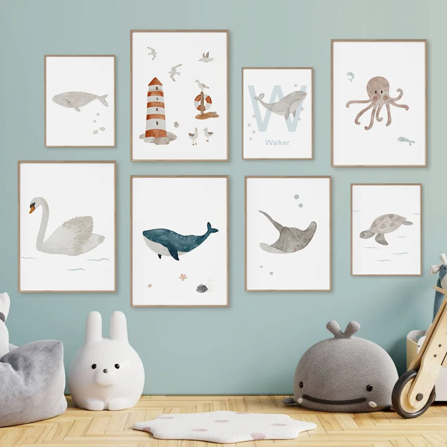 사용자 정의 이름 고래 문어 거북이 백조 바다 동물 보 - Baby Nursery Name Wall Art 리뷰 및 가격