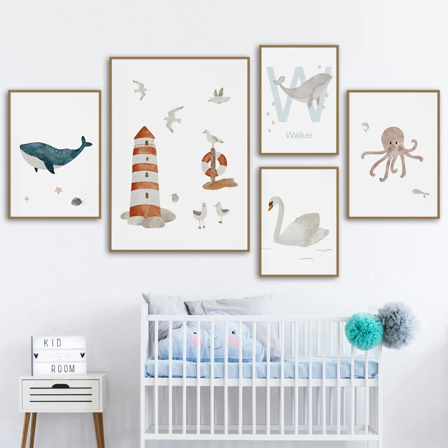 사용자 정의 이름 고래 문어 거북이 백조 바다 동물 보 - Baby Nursery Name Wall Art 리뷰 및 가격